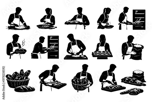 Silhouettes of bakers kneading, baking, and serving bread and pastries.