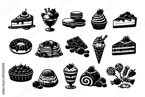 Assorted desserts: cakes, ice cream, donuts, and pastries.