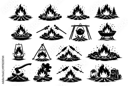 Vector collection of campfire illustrations with cooking items and symbols.