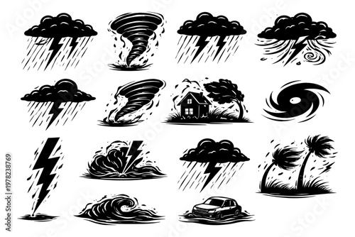 Weather icons: thunderstorm, tornado, hurricane, lightning, flood illustrations.
