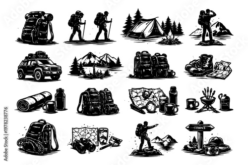 Outdoor adventure icons: hiking, camping, mountains, and equipment in black and white.