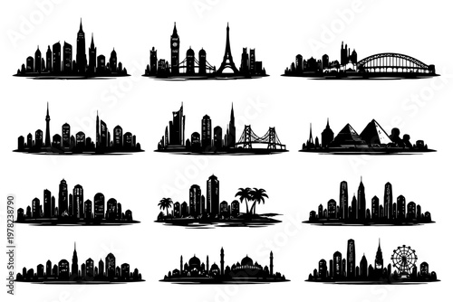 Silhouettes of iconic world landmarks and cities in black and white design.