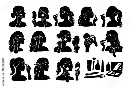 Silhouette profile of female applying makeup with various beauty tools and techniques.