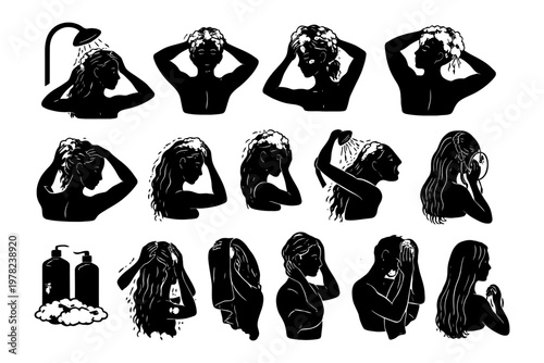 Silhouette guide: hair washing and care with shampoo and conditioner.