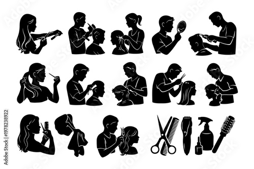 Silhouettes of hairdressing: men and women hairstyling techniques.