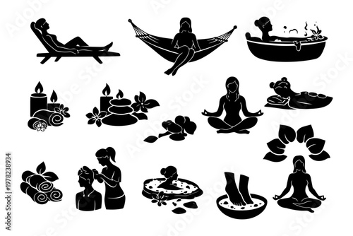 Spa and relaxation silhouettes with yoga, massage, and aromatherapy elements.