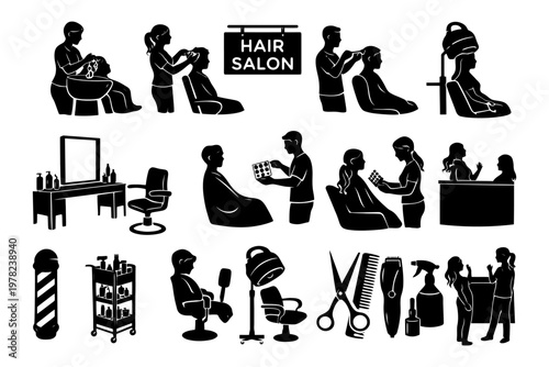 Hair salon silhouette illustrations: hairdressing, grooming, styling, equipment, clients.
