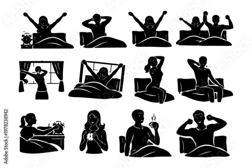 Silhouette morning routine of young adults: stretching, yawning, drinking coffee, waking up.