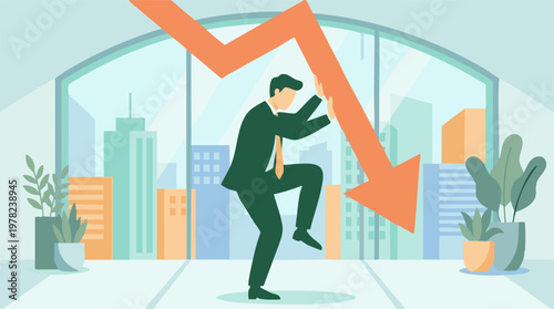 Businessman struggling against economic downturn and market decline