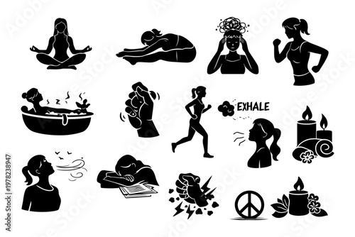 Silhouette wellness activities: yoga, meditation, running, relaxation, stress relief.