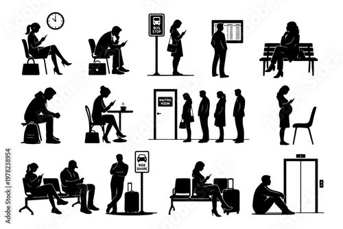 Silhouette figures at bus stop, waiting room, and elevator.