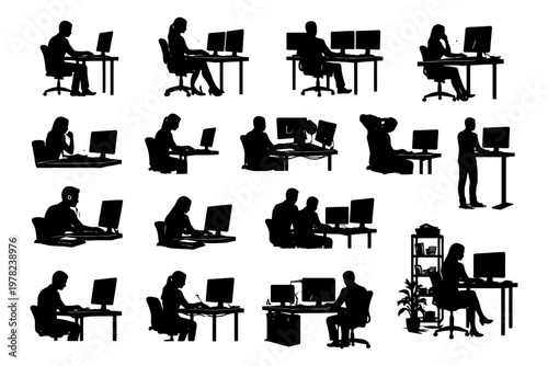 Silhouettes of diverse office workers at desks and standing workstations.