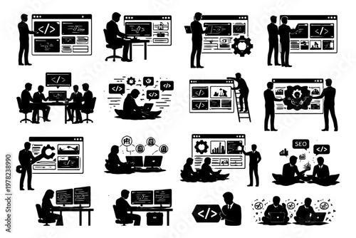 Silhouettes of developers engaging in various coding and web development activities.