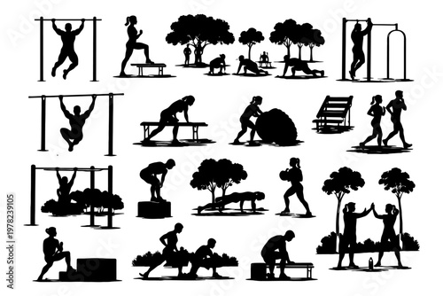 Silhouette outdoor workout: diverse exercises in nature.