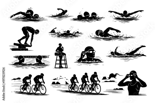 Athletic silhouettes of swimming and cycling activities.