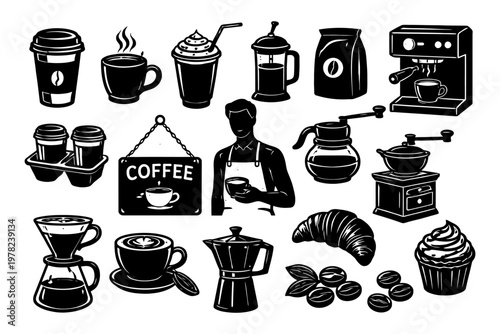 Coffee shop elements: barista, espresso machine, coffee beans, french press, cupcakes.