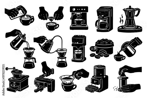 Silhouette icons of various coffee brewing methods and tools.