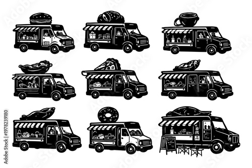 Nine illustrated food trucks with diverse cuisine offerings.