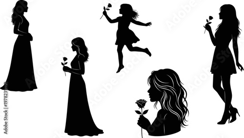 Silhouette Collection of Women and Girls Holding Roses in Various Poses for Beauty, Feminine, and Romantic Illustrations