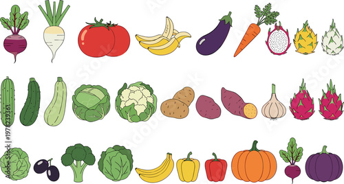 Colorful vegetable and fruit collection vector illustration set featuring assorted produce icons including banana eggplant pumpkin cabbage and dragon fruit