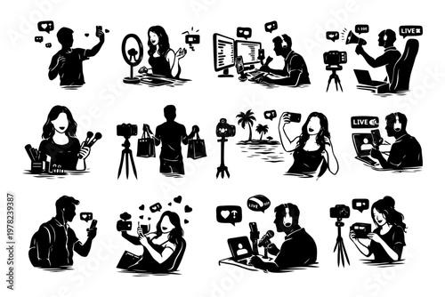 Silhouette influencers engaging in various online activities and content creation.