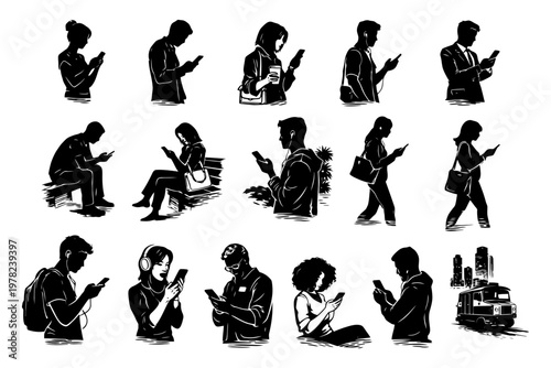Silhouettes of diverse people using smartphones in urban settings.