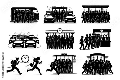 Illustrations of commuter crowds and traffic in urban transport scenes.