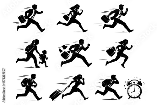 Silhouettes of business people rushing to work with clocks and briefcases.