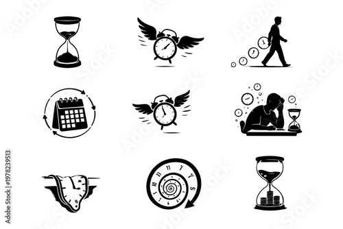 Timeless icon set featuring clocks calendars and silhouettes.