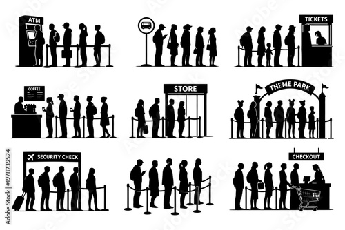 Silhouettes of people queuing in various everyday situations.