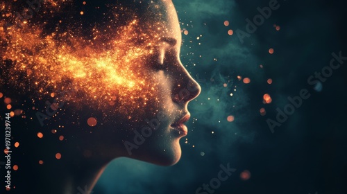 Abstract portrait of a woman with fiery head.  Female profile with intense, fiery details on the head