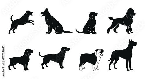 Collection of various dog breeds depicted in black silhouette