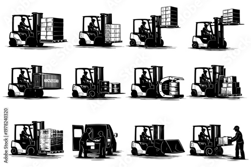 Industrial forklift operations: loading, stacking, transporting, and safety protocols illustrated.