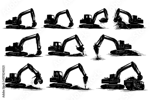 Silhouettes of excavators in various construction stages.