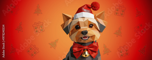 cute yorkshire terrier in santa hat and red bow tie with christmas decor, geometric style, vector illustration, pets banner