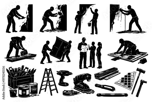 Construction workers silhouettes and tools for home renovation and repair projects.