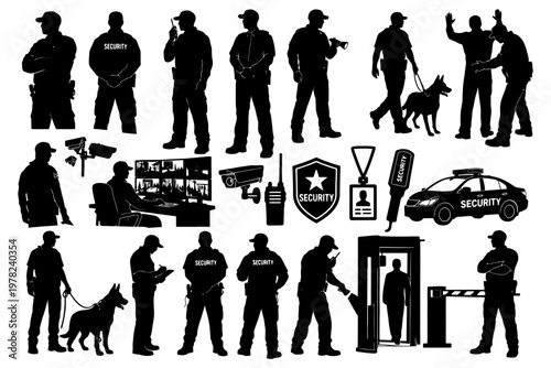 Security personnel and equipment silhouettes for surveillance and protection.