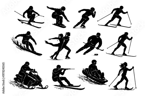Silhouette winter sports activities with skiing snowboarding and skating.