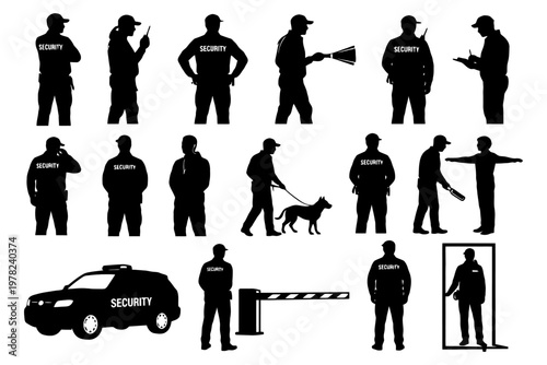 Silhouettes of security personnel and equipment in various scenarios.