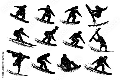 Silhouettes of athletes performing dynamic snowboarding and skiing tricks.