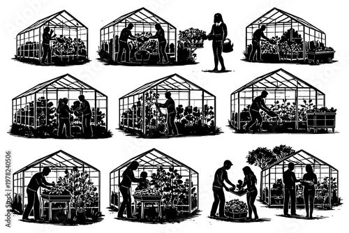 Silhouetted gardeners in greenhouses engaged in plant care and cultivation.