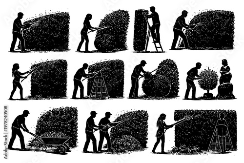 Silhouettes of people trimming and shaping hedges and bushes in outdoor garden scenes.