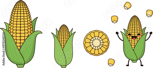 Corn vector illustration set featuring maize cob whole half and cute cartoon character with kernels isolated on white background