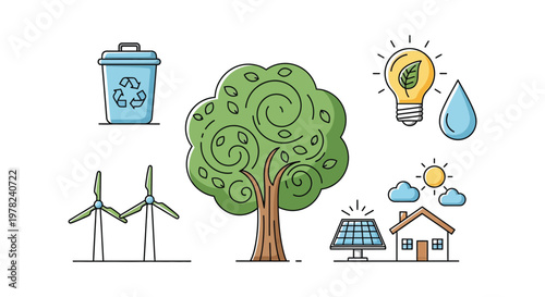 Eco friendly concepts with a tree sun and house silhouette