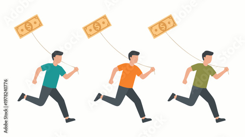 Three men running and chasing dollar bills, symbolizing financial pursuit