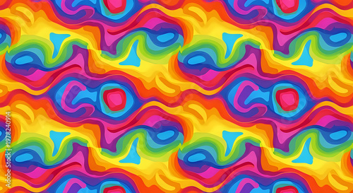 A vibrant and colorful abstract pattern with swirling shapes and bright hues