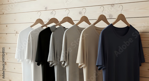 A collection of casual t-shirts in various colors hanging on wooden hangers against a rustic wooden wall