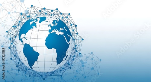 Blue digital globe with interconnected network nodes on light blue background