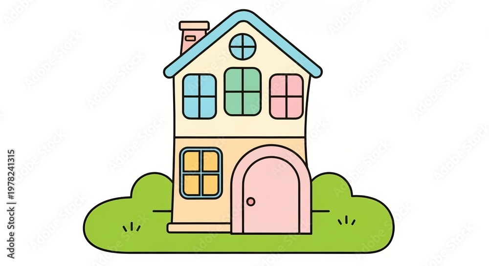 Fototapeta premium Charming Childlike Home Design Featuring a Pastel Pink Door and Vibrant Colorful Aesthetic Elements