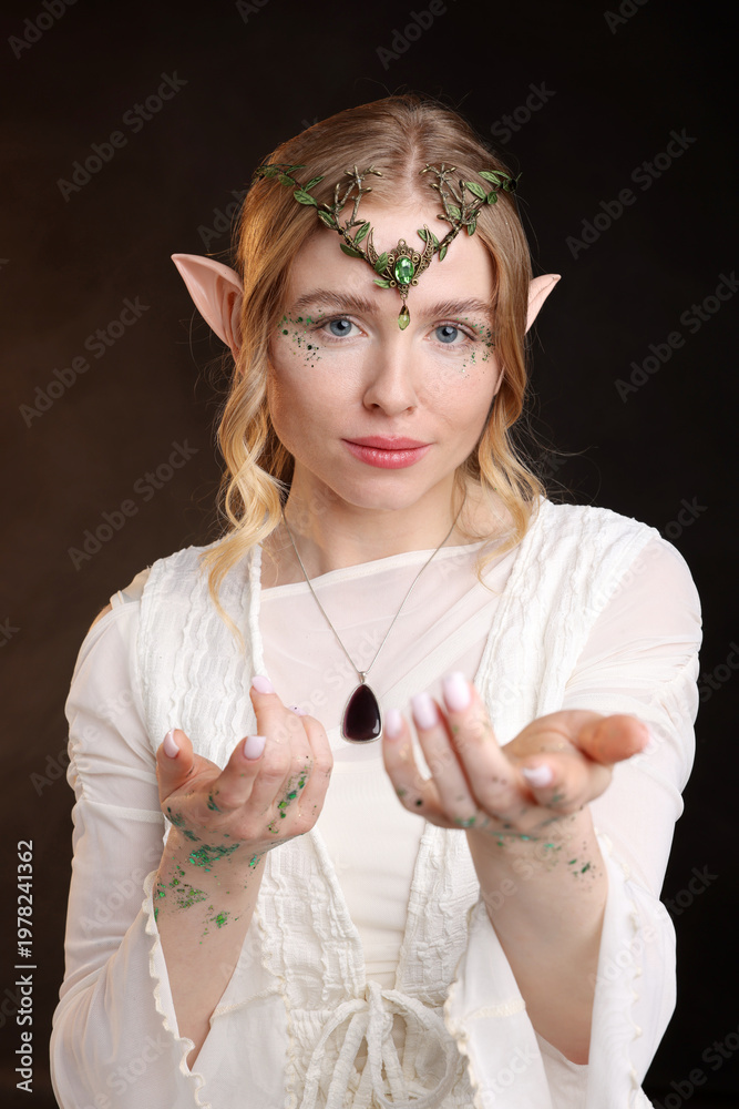 Naklejka premium Beautiful elf girl on black background with smoke